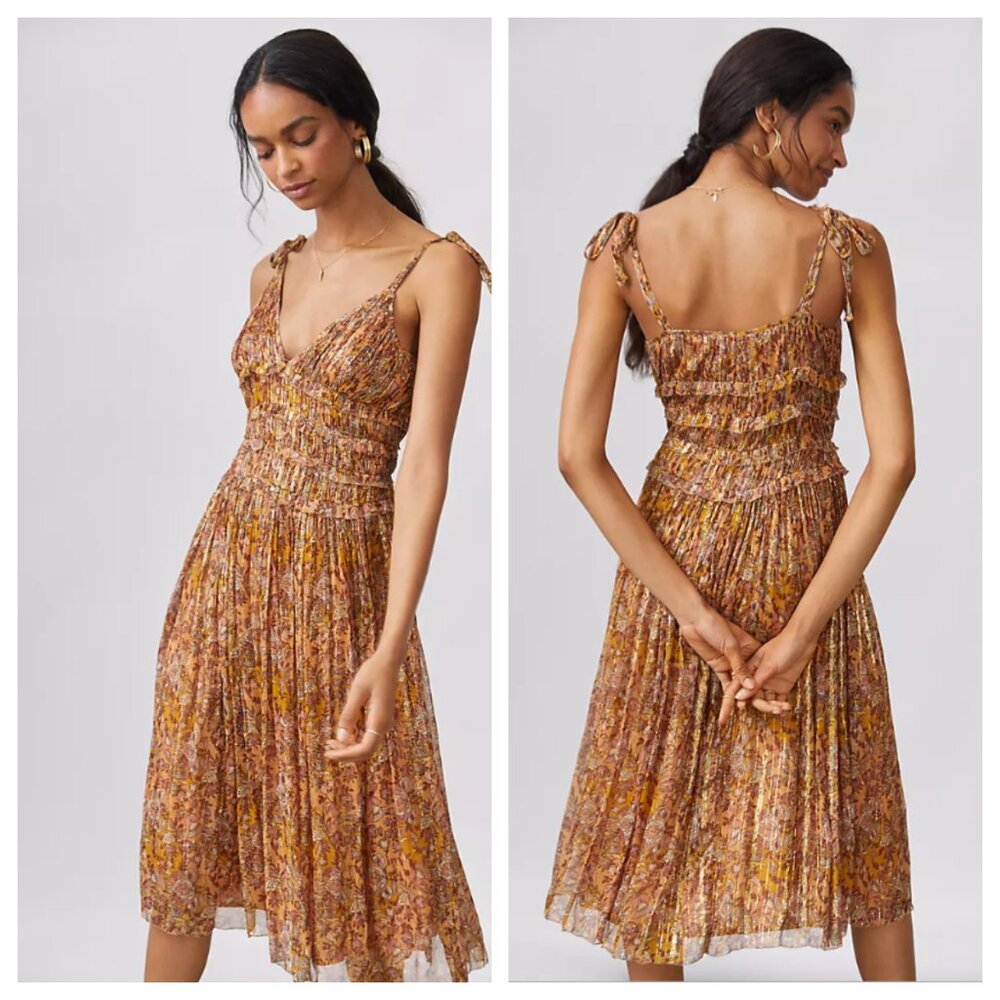 NWT Anthropologie Let Me Be Shimmer Floral Pleated Midi Dress XL